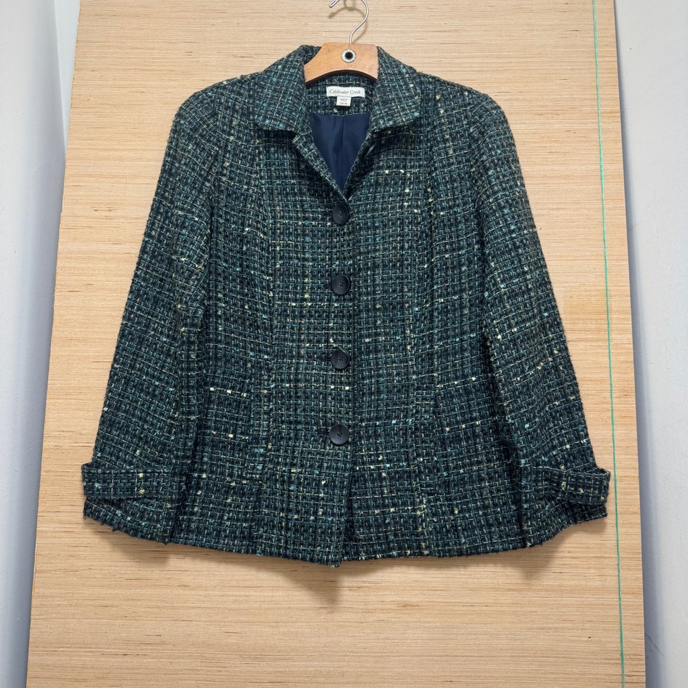 Coldwater Creek Womens Teal Navy Tweed Blazer Jacket Size S 6-8